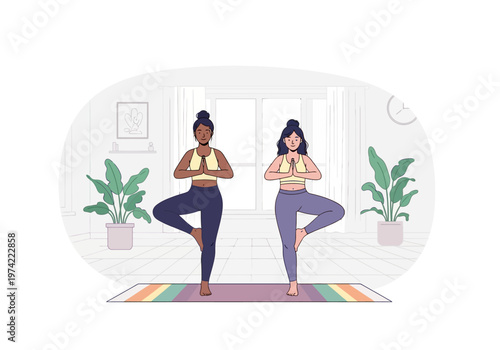 Two women practicing yoga tree pose on a mat indoors with plants