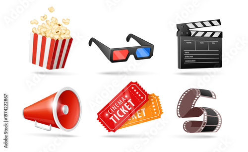 Movie icons set. Collection of stickers for online cinema web design. Film strip, director clapperboard, loud speaker, tickets and popcorn. Isolated. Vector illustration