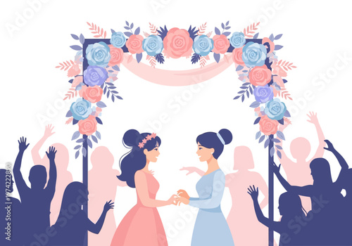 A joyful wedding celebration under a floral archway, showcasing a same-sex couple exchanging vows amidst cheering guests