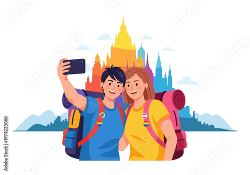Couple taking a selfie with backpacks against a colorful cityscape backdrop