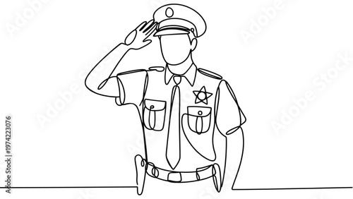 Police officer salute line art illustration representing law enforcement respect duty honor security service and public safety concept minimal design