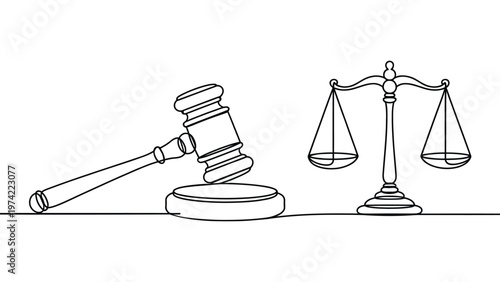 Justice concept with judge gavel and balance scale line art illustration symbolizing law order equality legal system courtroom and fairness concept