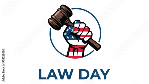 Law day concept with raised fist holding judge gavel symbolizing justice equality rights and legal system awareness modern minimal vector design