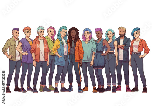Diverse group of young adults showcasing modern fashion styles and individuality