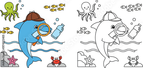 Detective Dolphin Investigating Ocean Pollution with Magnifying Glass