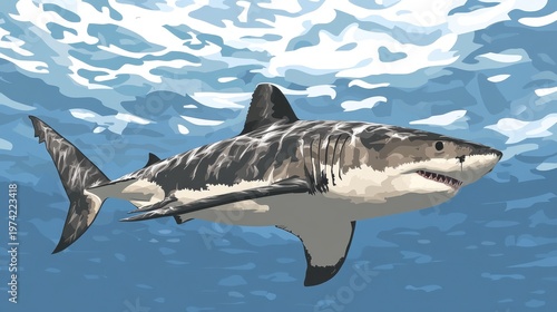 Great White Shark Swimming Underwater with Stylized Water