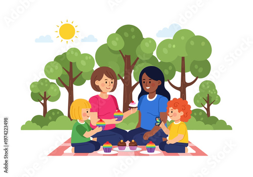A joyful picnic in a park with a diverse group of people sharing cupcakes under a sunny sky