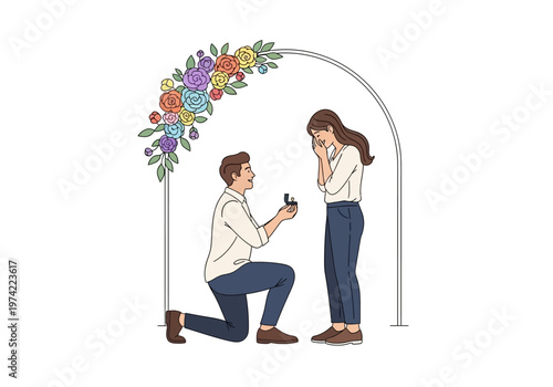 Couple's romantic proposal under a floral archway, celebrating love and commitment