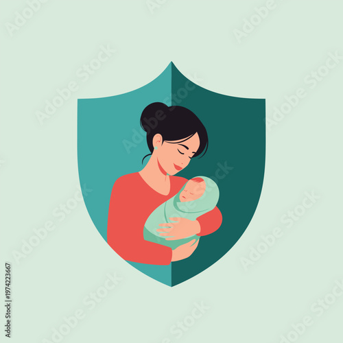 Mother holding swaddled infant inside green shield vector graphic