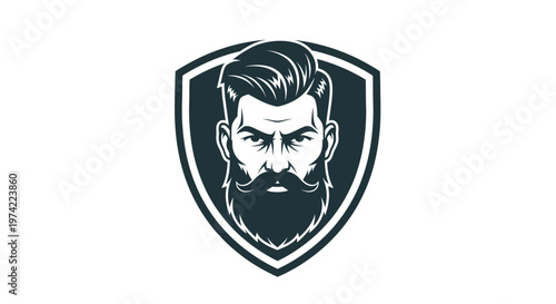 Stylized bearded man head with mustache in shield logo