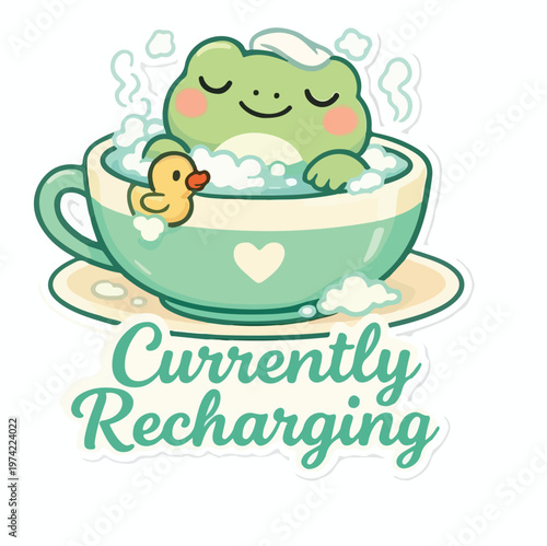 Adorable cartoon frog enjoys a relaxing bubble bath inside a teacup, symbolizing self-care and recharging with a rubber ducky.