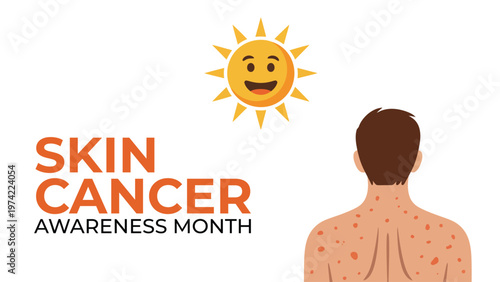 Skin cancer awareness month concept with sun icon and human back showing moles illustrating melanoma risk uv exposure prevention dermatology health education