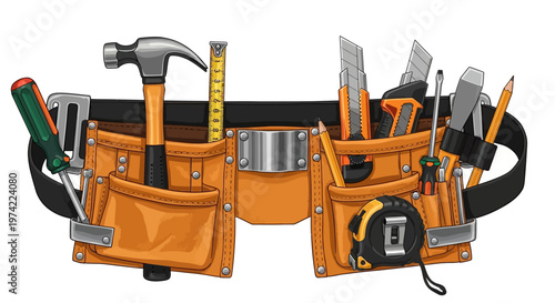 Orange leather tool belt with various construction and repair hand tools