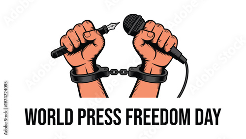 World press freedom day concept with chained hands holding microphone and pen symbolizing journalism freedom of speech media rights censorship struggle and democracy