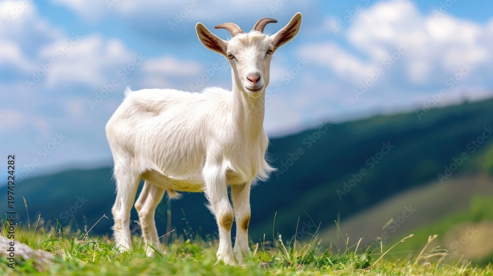 Obraz premium A domestic white goat with horns stands alert on a lush green grassy hillside with a scenic mountainous landscape and bright sky in the background offering a peaceful rural view