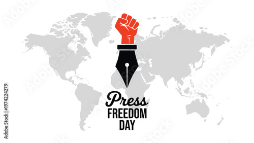World press freedom day concept with raised fist fountain pen and world map symbolizing journalism freedom of speech global media rights expression independence