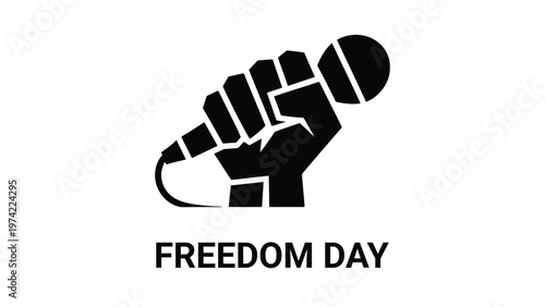 Freedom day concept with raised fist holding microphone symbolizing press freedom freedom of speech journalism rights media independence activism and democracy