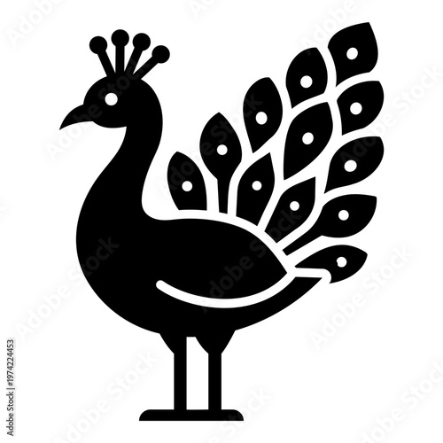 Peacock icon, representing exotic bird and ornamental wildlife. Solid bold vector ideal for nature, zoo, and decorative animal themes.