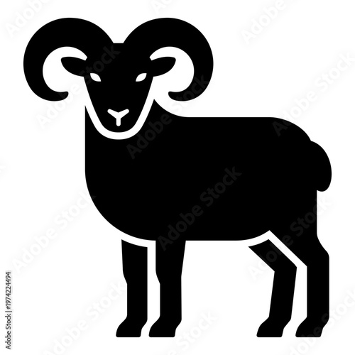 Ram icon, symbolizing male sheep and livestock. Solid bold vector suitable for farming, agriculture, and rural animal themes.