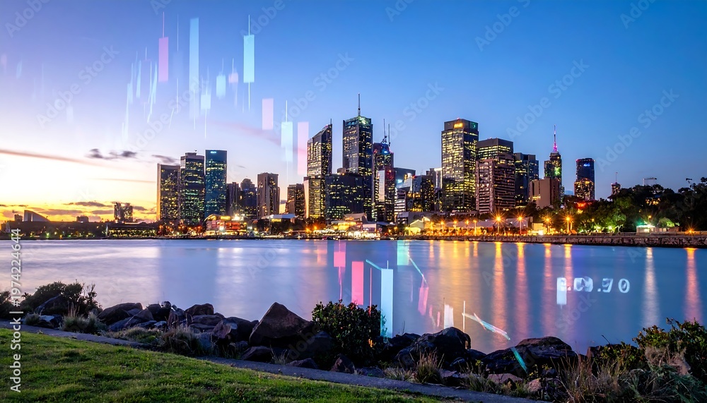 Obraz premium Cityscape at Dusk - A Vibrant Urban Panorama Reflected in Calm Waters.