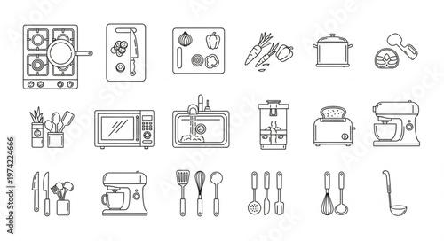 Kitchen Appliances and Utensils Line Art Illustration.