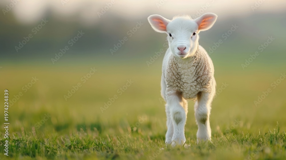 Fototapeta premium Adorable fluffy white lamb stands looking forward in a vibrant green field bathed in warm soft morning sunlight with a blurred background