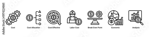 Cost Analysis web banner icon vector illustration with icons of Cost,Cost Allocation,Cost Effective,Labor Cost,Break Even Point,Economic and Analysis