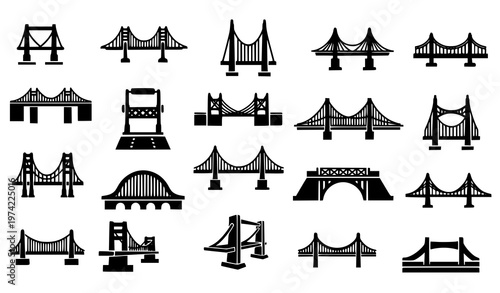 Title:
Diverse black bridge silhouette icon collection with suspension cantilever arch and drawbridges vector set