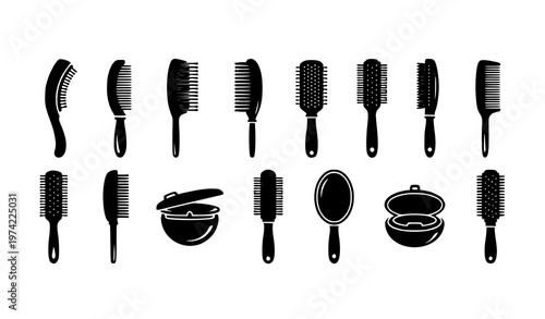 Title:
Modern hairbrush silhouette icons in horizontal layout with ergonomic styling and compact brush shapes vector set