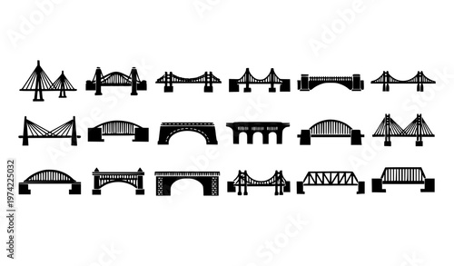 Title:
Minimal black bridge silhouette icons in horizontal layout featuring cable-stayed and pedestrian bridges vector set