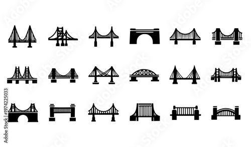 Title:
Bridge silhouette icon set with suspension arch truss and drawbridge vector collection for web design