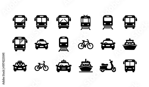 Title:
Public transport web icon set with bus tram train subway taxi bicycle ferry scooter vector collection for UI design