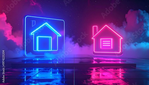 Two glowing house icons, one framed, against a futuristic night sky with neon clouds and a reflective, tiled surface