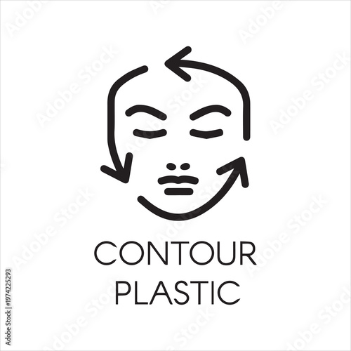 Face contour correction linear icon. Plastic surgery or cosmetic procedures graphic concept pictogram. Human portrait with guide arrows. Simplicity illustration in outline style. Vector
