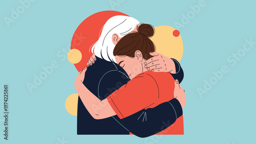 Heartfelt moment of two women, one with white hair and one with brown hair, hugging each other tightly against a colorful background.