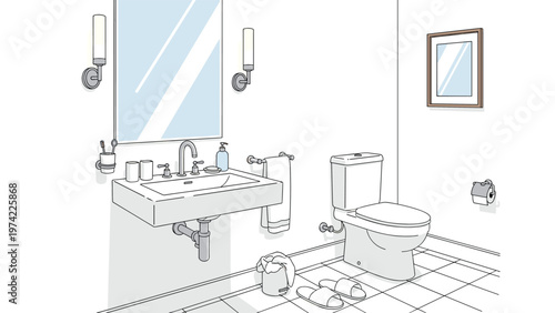 Clean and modern bathroom interior featuring a floating sink, toilet, mirror, and various toiletry items in a simple style.