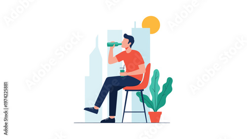 Man in a red t-shirt sitting on a high stool at a bar and drinking from a green bottle with a city skyline and sun in the background.