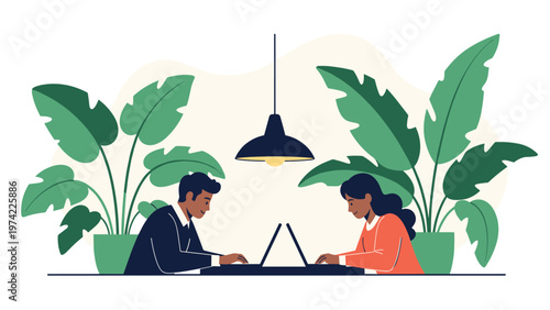 Man and woman work collaboratively on their laptops while sitting at a table surrounded by large green indoor houseplants.