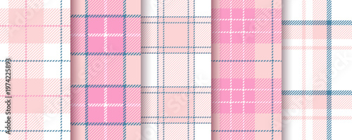 Plaid background. Vichy seamless pattern. Set pink tablecloth. Checkered textures. Gingham shirt textile. Picnic kitchen prints. Geometric girly design. Retro tartan backdrops. Vector illustration