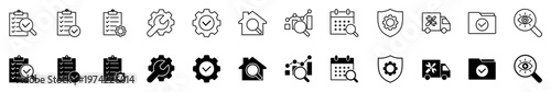 inspection-related icon collections. Containing Inspection, Audit, Check, Review, Quality, Control, Survey, Report, Verification, and Assessment icons. Vector illustration.