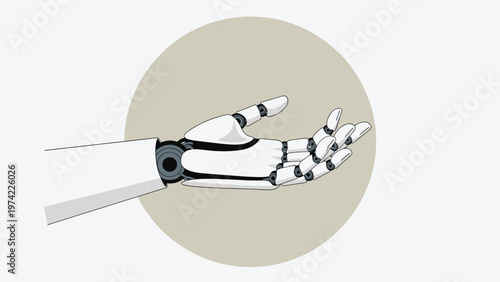 Close up illustration of a sophisticated white robotic hand with black joints extended as if to reach out or hold something.