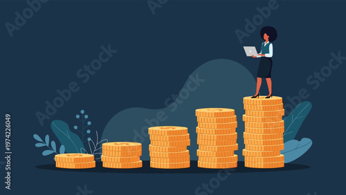 Successful black businesswoman standing on top of increasing stacks of gold coins while working on her laptop computer.