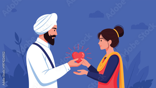 Romantic moment as a Sikh man in a white turban gives a glowing red heart to a beautiful woman in a traditional sari.