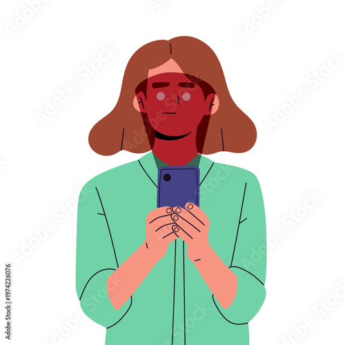 Flat vector illustration of people using smartphones, tablets, and digital devices with screen light reflecting on their faces. ideal for technology, online behavior, and mental health awareness.