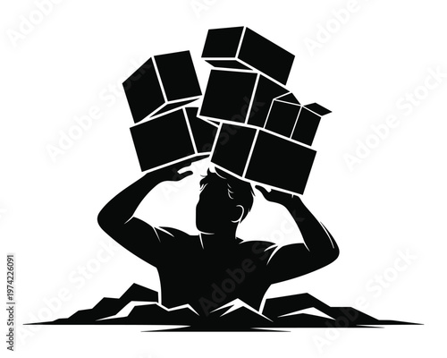 Man struggling carrying heavy stack of boxes on his head.