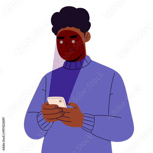 Flat vector illustration of people using smartphones, tablets, and digital devices with screen light reflecting on their faces. ideal for technology, online behavior, and mental health awareness.