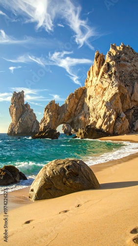 A serene beach with large rocks and turquoise water