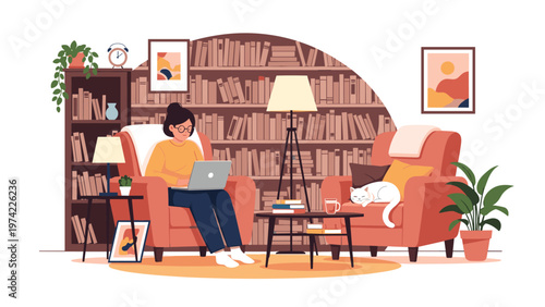 Young woman working on her laptop in a cozy home library filled with books and a sleeping cat on an armchair.
