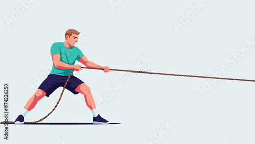 Determined young man pulling a thick rope during a tug of war competition against a light grey background.