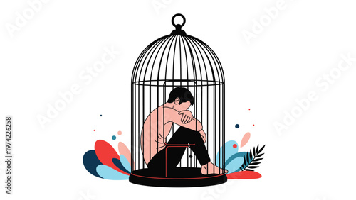 Depressed man sitting inside a large birdcage representing feelings of entrapment, isolation, and mental health struggles.